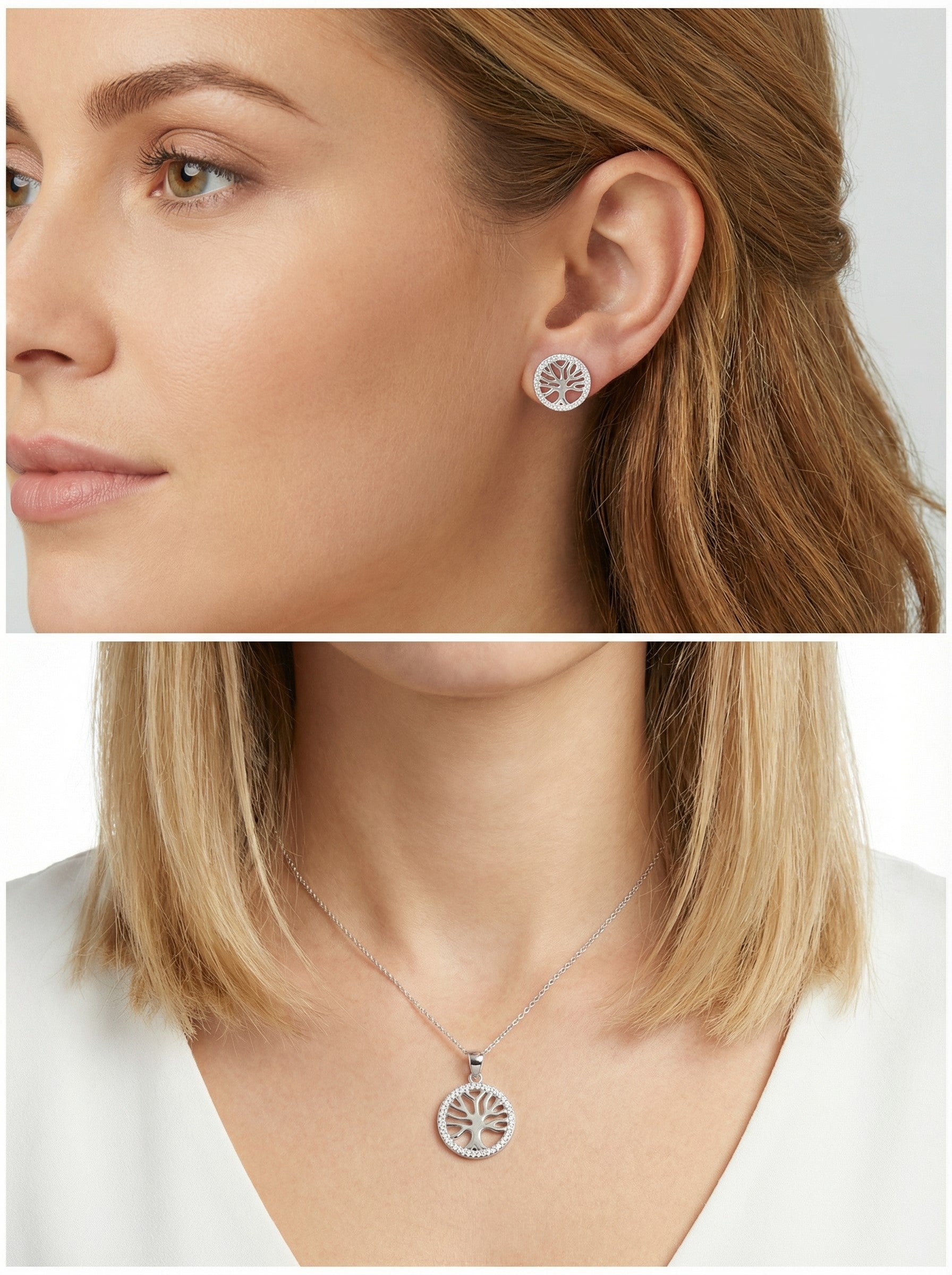 Duo Arbre de Vie — Boucles & Pendentif en Argent Rhodié et Zircon